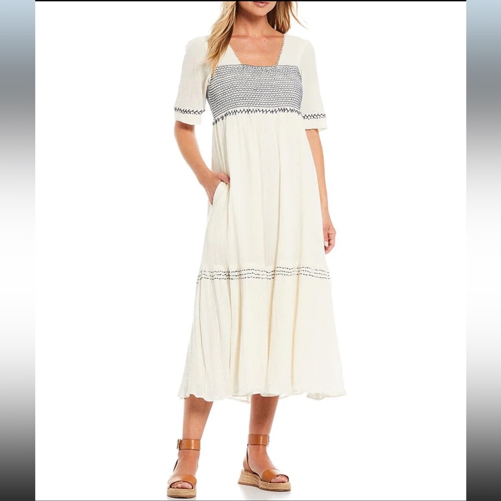 REBA Cream/Ivory Blue Stitched Smocked Bodice Gauze Cotton Boho Midi Dress Large